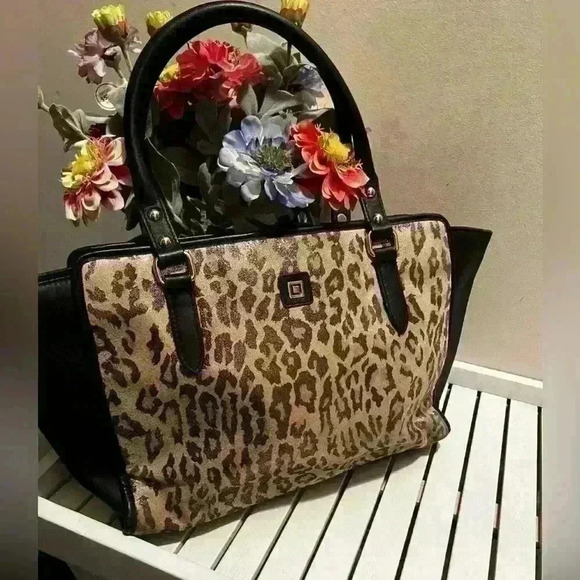 Lodis Leopard Print With Black Leather Tote EUC - Picture 1 of 10
